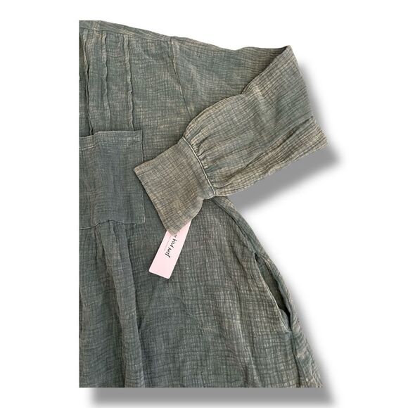 Three Birds Nest Marco Button Down Tunic Oversized Green Distressed Dress Size L - Picture 3 of 6